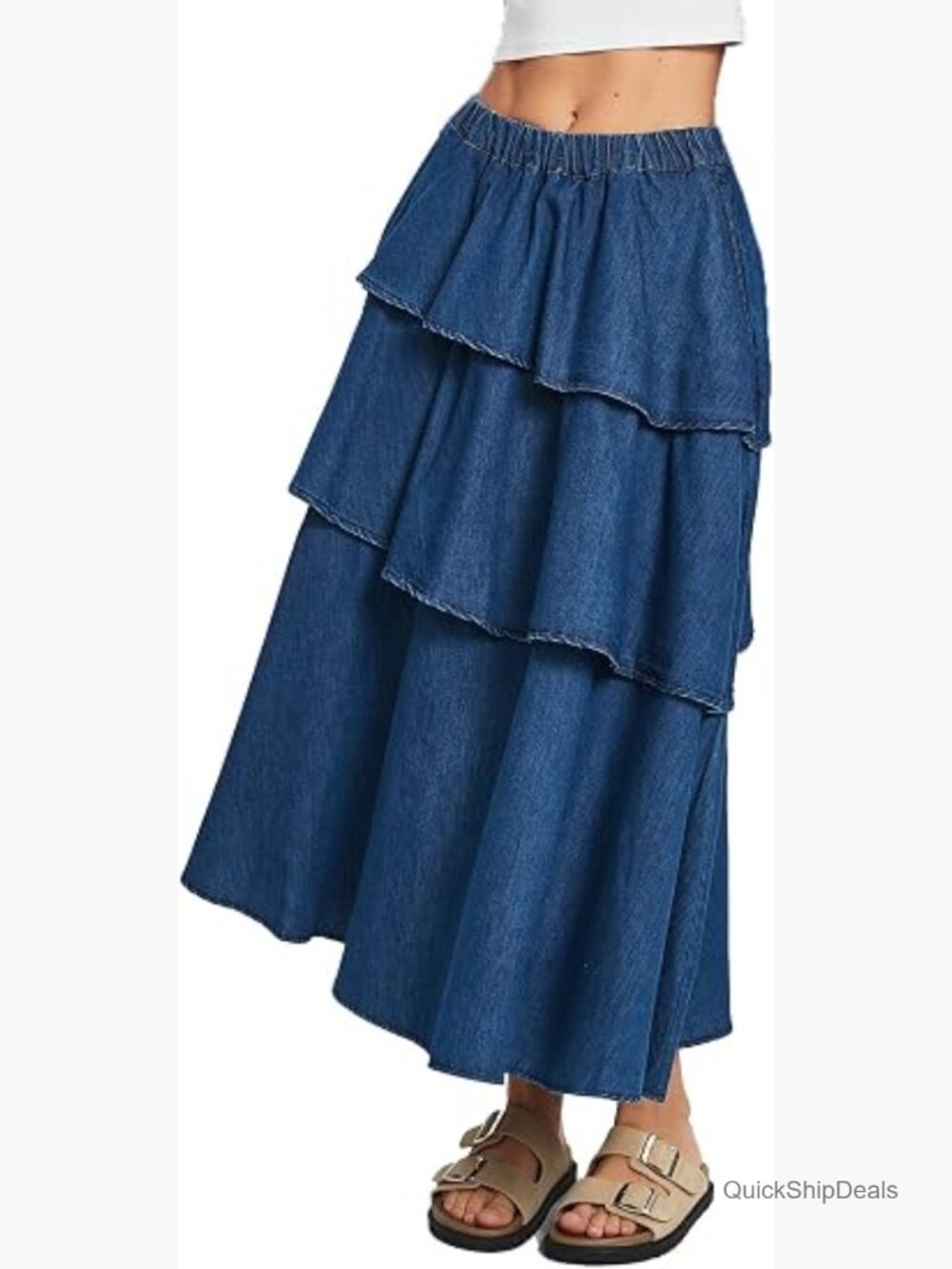 High Waist Denim Maxi Skirt with Pockets Tiered Ruffle A-Line